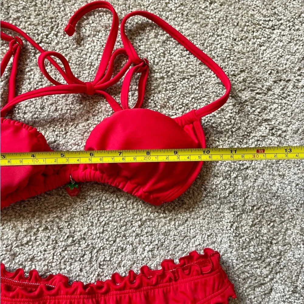 Red Bikini Set Ruffle Detailing Adjustable Straps Strawberry Charm Size XS-S - Picture 7 of 8